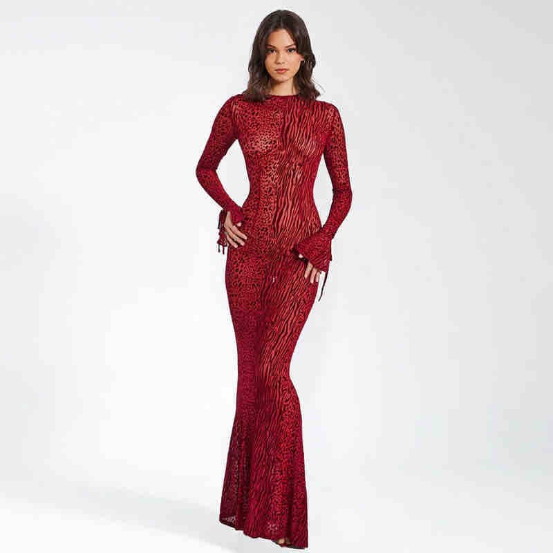 Sexy mesh red leopard print dress